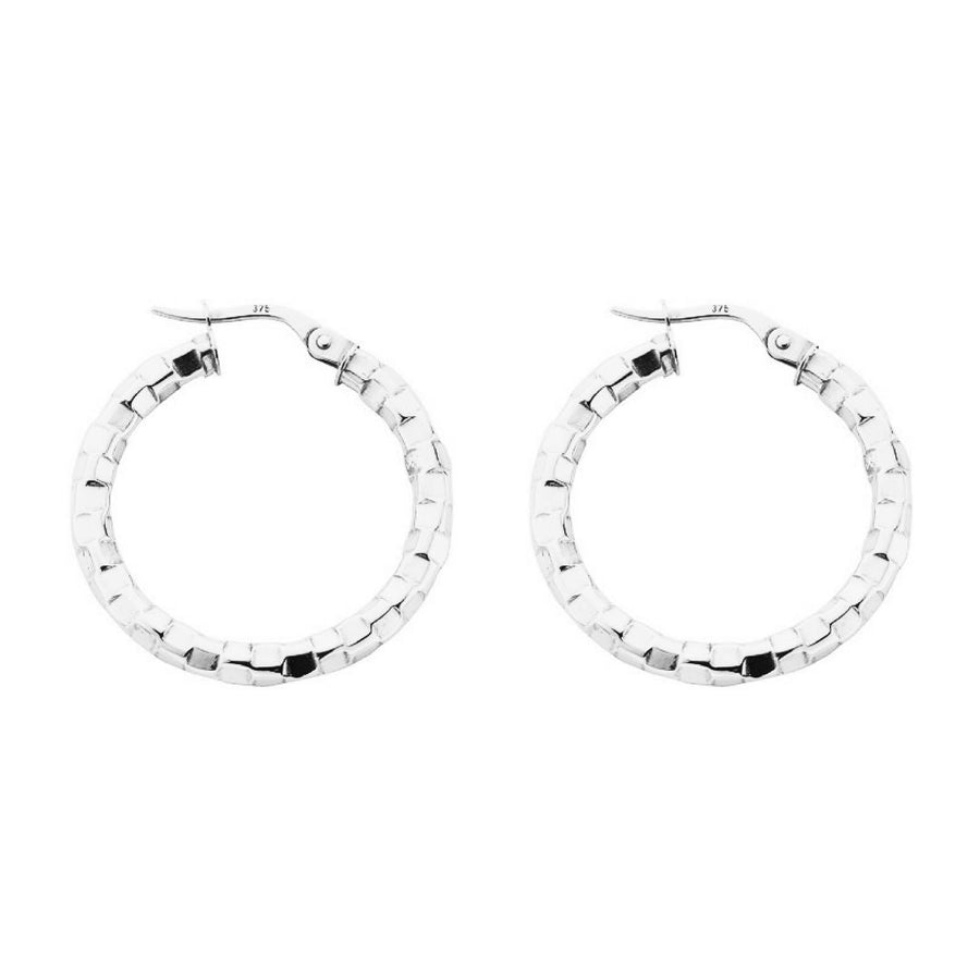 9ct White Gold 3mm Hammered Faceted Hoop Earrings 25mm - My Jewel World