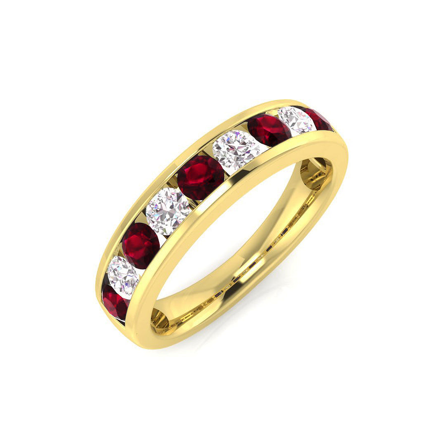 Ruby & Diamond 9 Stone Ring 0.90ct F-VS Quality in 18k Yellow Gold