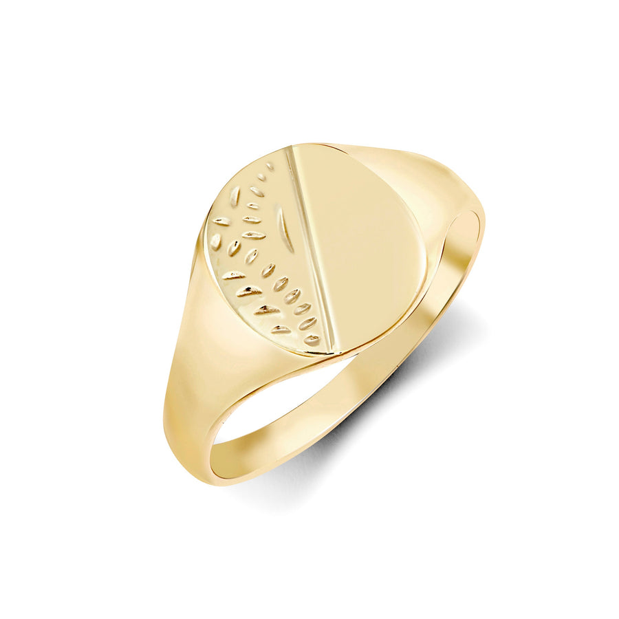 9ct Yellow Gold Oval Shaped Half Plain & Half Engraved Signet Ring - My Jewel World