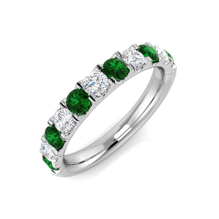 Emerald & Diamond 10 Stone Ring 1.10ct F-VS Quality in 18k White Gold