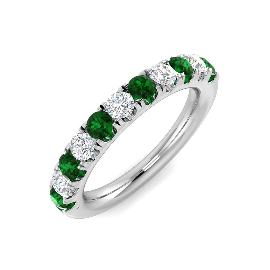 Emerald & Diamond 11 Stone Ring 0.88ct F-VS Quality in 18k White Gold