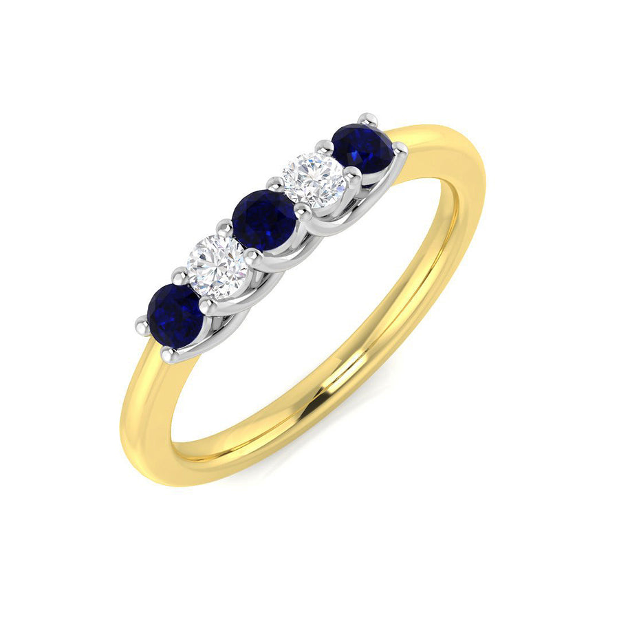 Sapphire & Diamond 5 Stone Ring 0.37ct F-VS Quality in 18k Yellow Gold