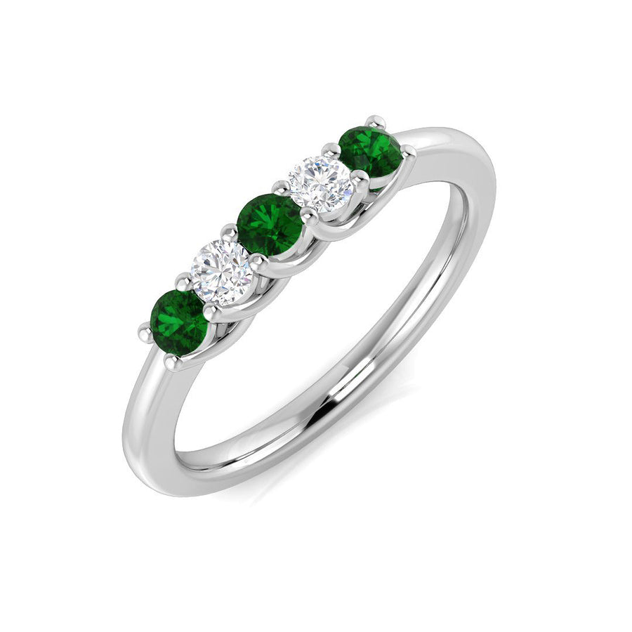 Emerald & Diamond 5 Stone Ring 0.33ct F-VS Quality in 18k White Gold