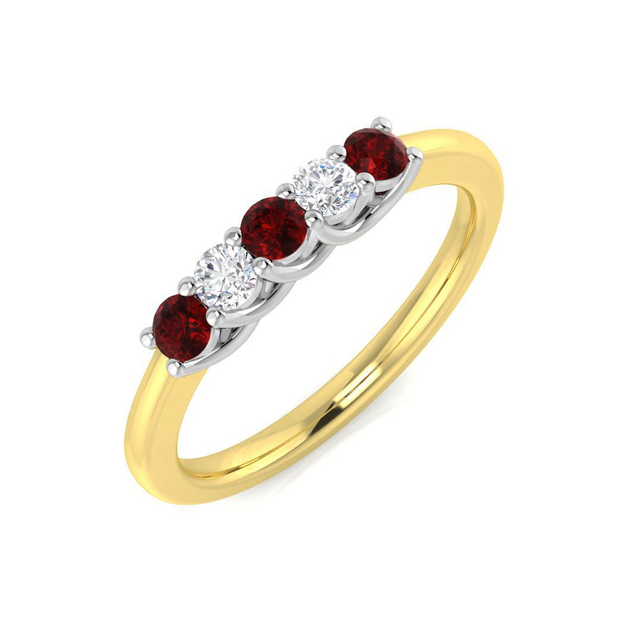 Ruby & Diamond 5 Stone Ring 0.37ct F-VS Quality in 18k Yellow Gold