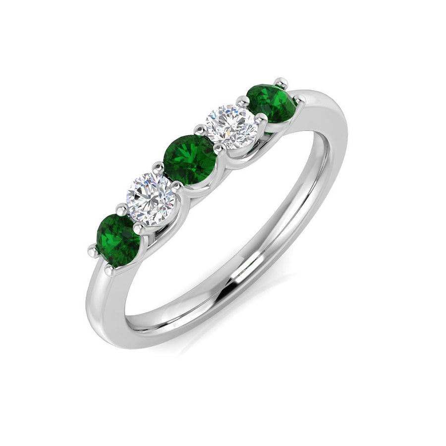 Emerald & Diamond 5 Stone Ring 0.50ct F-VS Quality in 18k White Gold