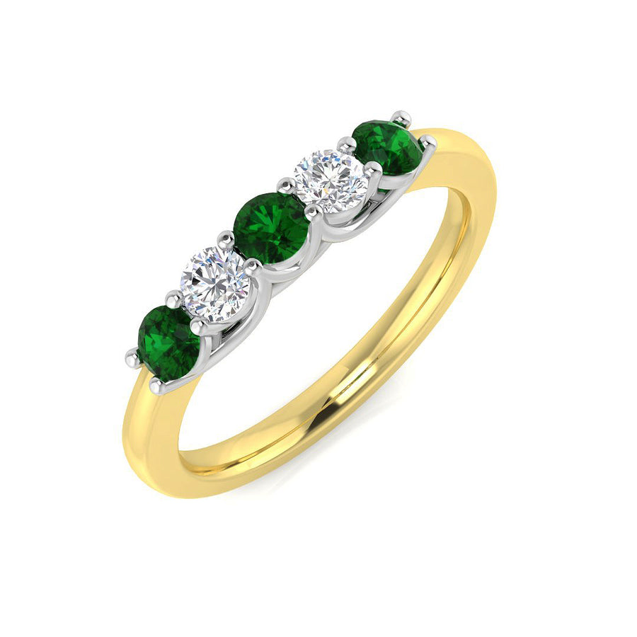 Emerald & Diamond 5 Stone Ring 0.50ct F-VS Quality in 18k Yellow Gold