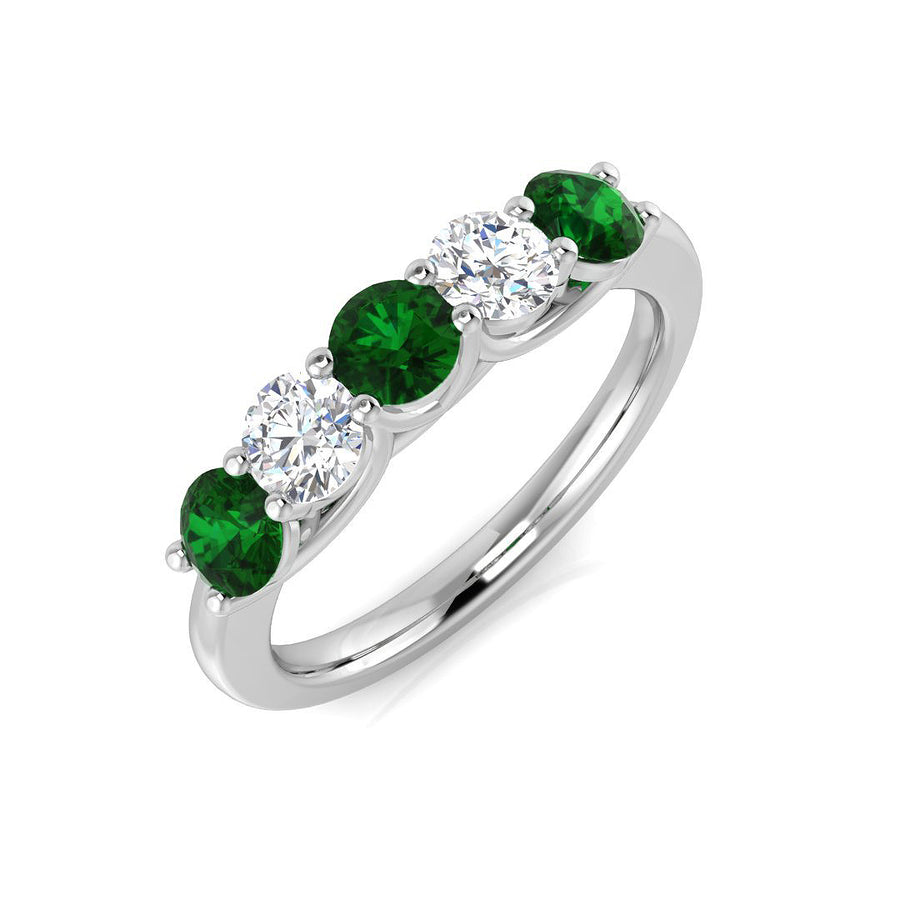Emerald & Diamond 5 Stone Ring 1.00ct F-VS Quality in 18k White Gold