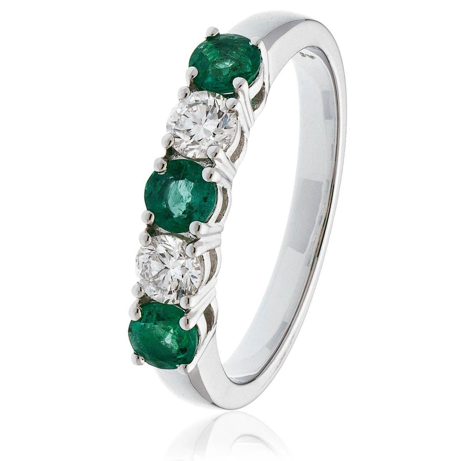 Emerald & Diamond 5 Stone Ring 0.75ct F - VS Quality in 18k White Gold - My Jewel World