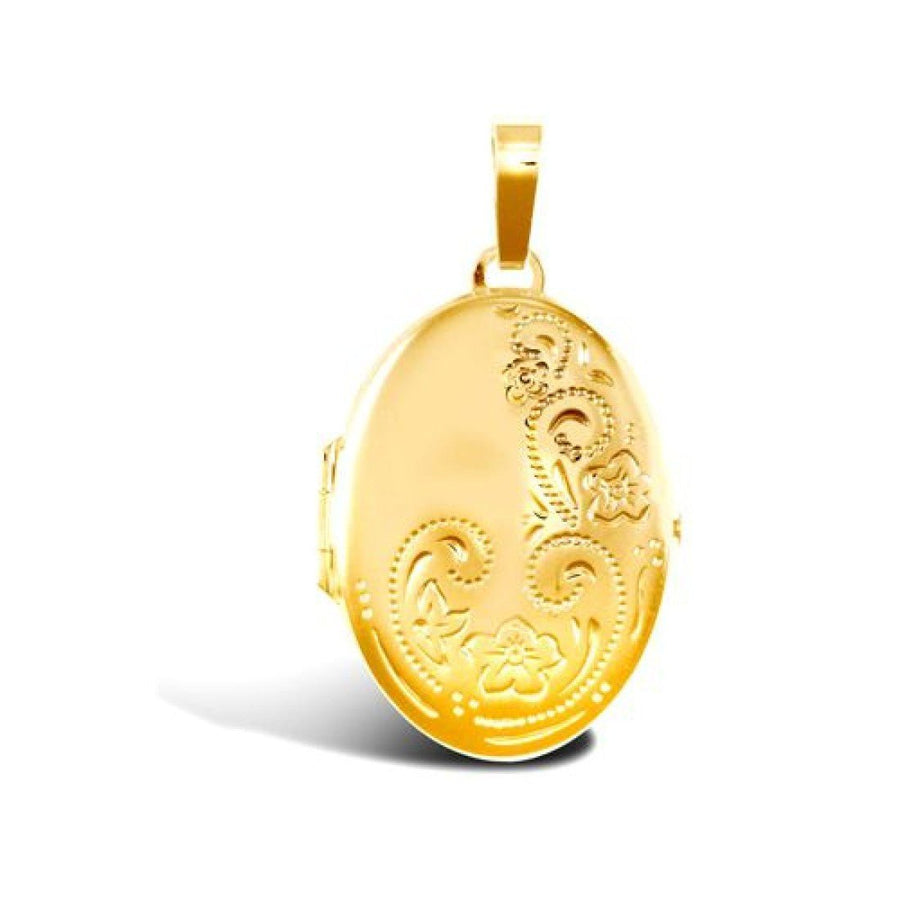 2 Picture Oval Engraved Locket Pendant Necklace in 9ct Yellow Gold - My Jewel World