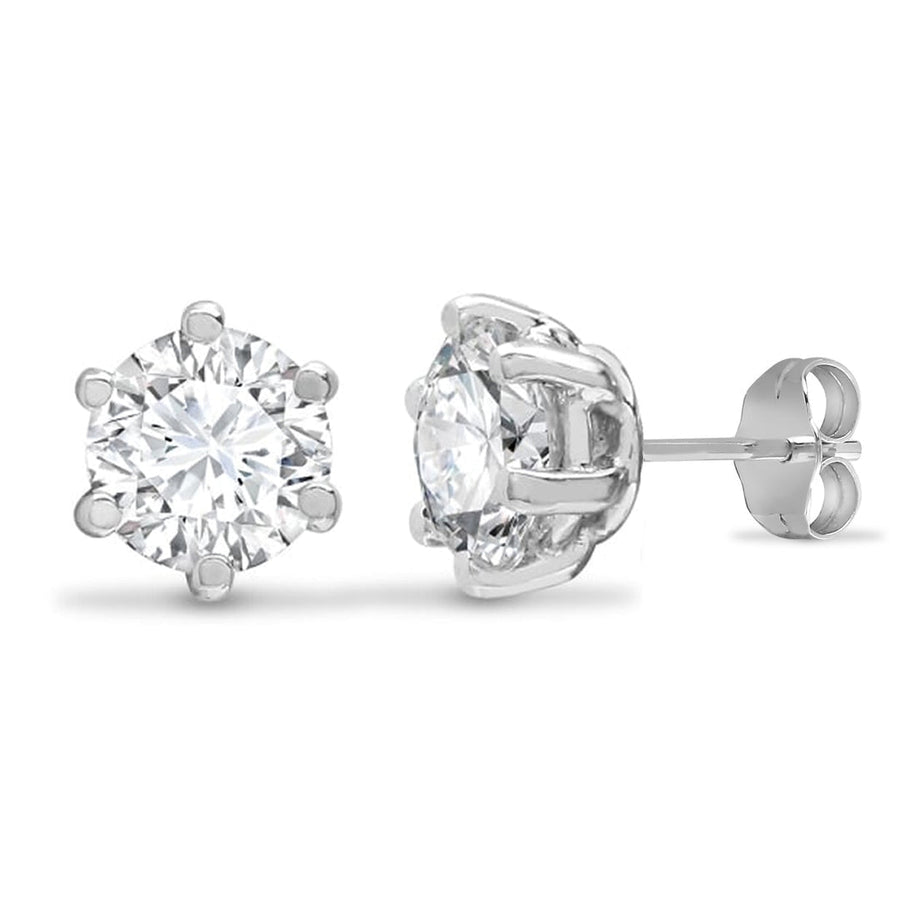 6 Claw Round CZ Solitaire Stud Earrings in 9ct White Gold 6mm - My Jewel World