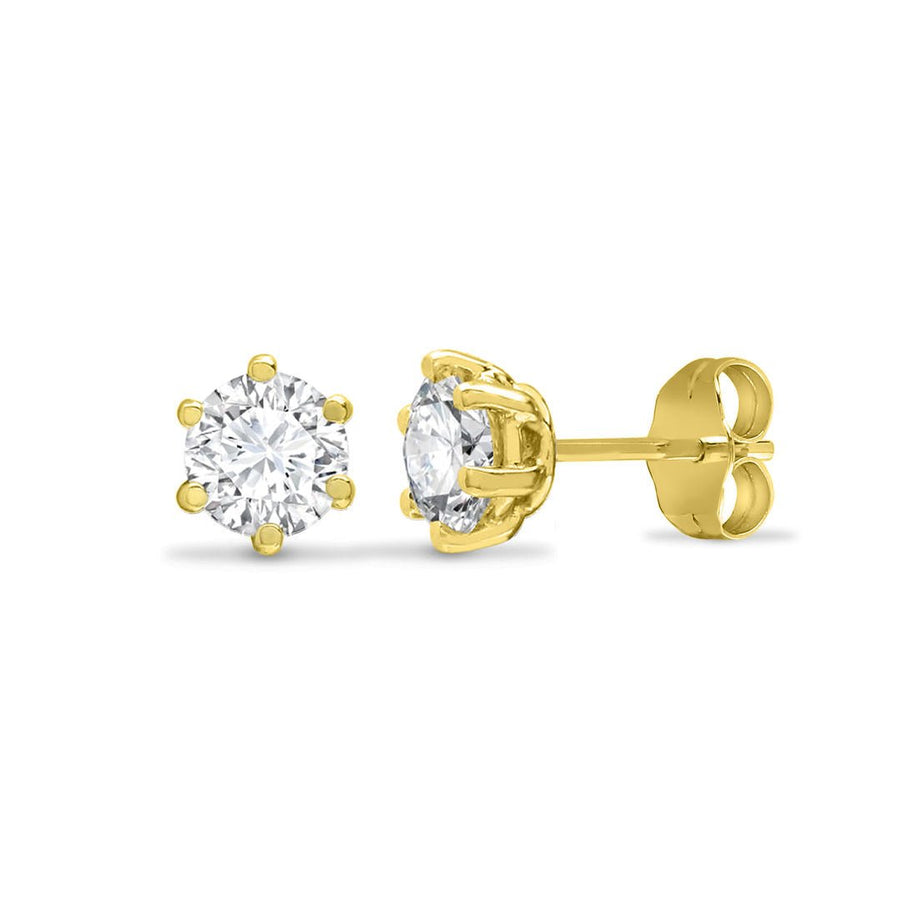 6 Claw Round CZ Solitaire Stud Earrings in 9ct Yellow Gold 4mm - My Jewel World