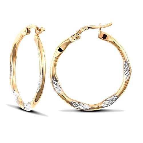 9ct 2 Tone Gold Diamond Cut Hammered Hoop Earrings 25mm - My Jewel World