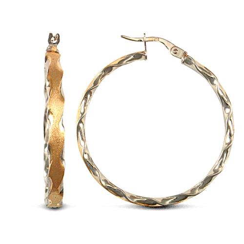 9ct 2 Tone Gold Frosted Flat Twisted 3mm Hoop Earrings 32mm - My Jewel World