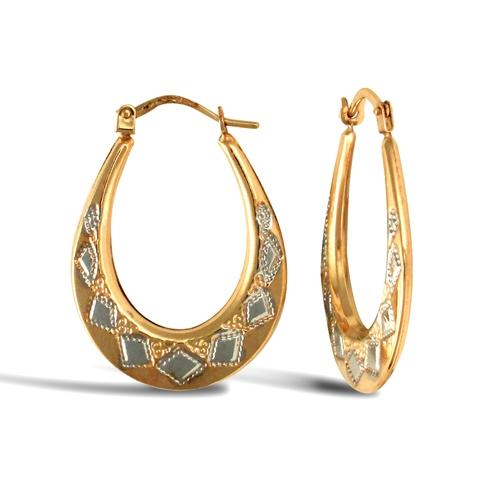 9ct 2 Tone Gold Oval Shape Diamond Pattern Creole Earrings 20x27mm - My Jewel World