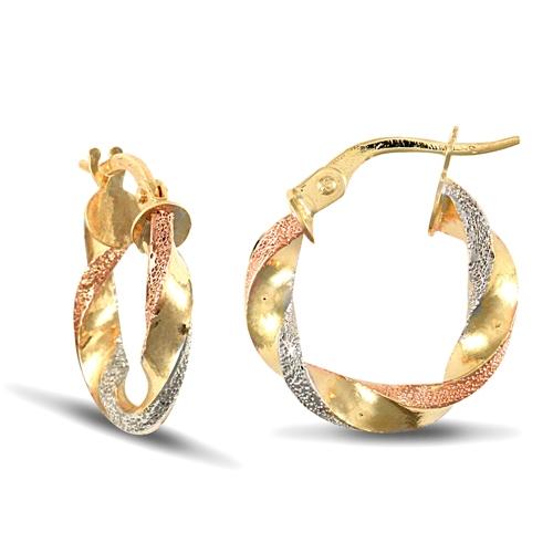 9ct 3 Tone Gold 3mm Frosted Twisted Hoop Earrings 17mm - My Jewel World