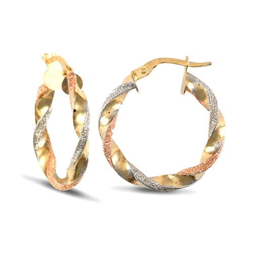 9ct 3 Tone Gold 3mm Frosted Twisted Hoop Earrings 22mm - My Jewel World