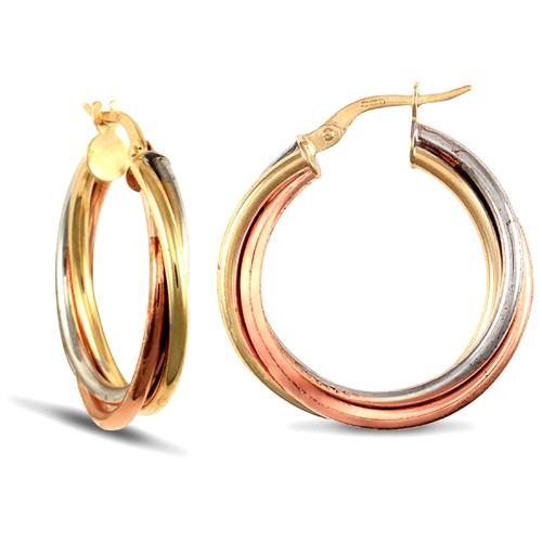 9ct 3 Tone Gold 3mm Frosted Twisted Hoop Earrings 25mm - My Jewel World