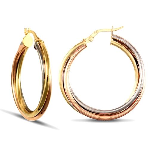 9ct 3 Tone Gold 3mm Frosted Twisted Hoop Earrings 29mm - My Jewel World