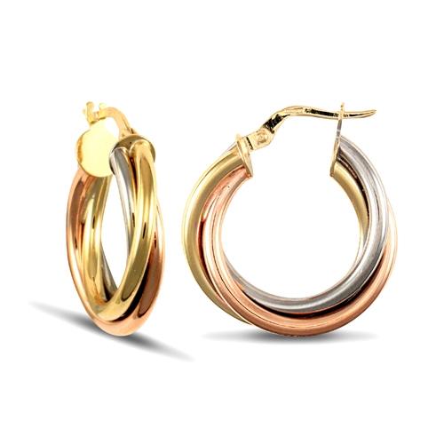 9ct 3 Tone Gold 4mm Frosted Twisted Hoop Earrings 21mm - My Jewel World
