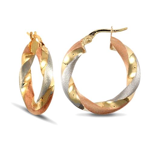 9ct 3 Tone Gold 4mm Frosted Twisted Hoop Earrings 23mm - My Jewel World