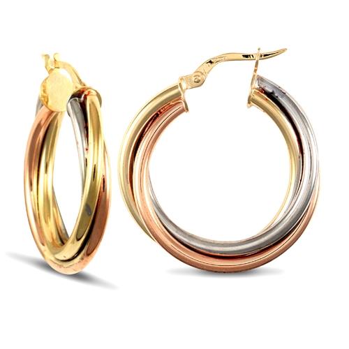 9ct 3 Tone Gold 4mm Frosted Twisted Hoop Earrings 25mm - My Jewel World