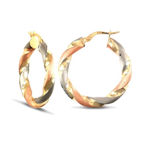 9ct 3 Tone Gold 4mm Frosted Twisted Hoop Earrings 27mm - My Jewel World