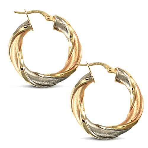 9ct 3 Tone Gold 5mm Frosted Twisted Hoop Earrings 25mm - My Jewel World