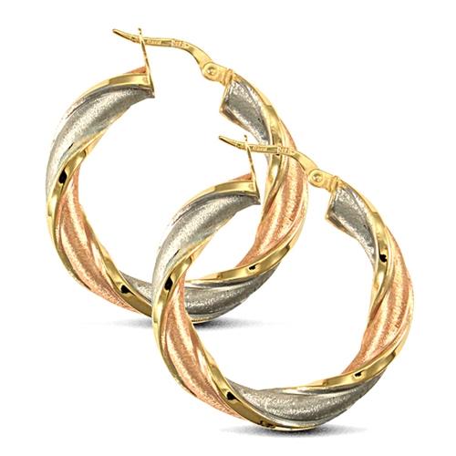 9ct 3 Tone Gold 5mm Frosted Twisted Hoop Earrings 30mm - My Jewel World