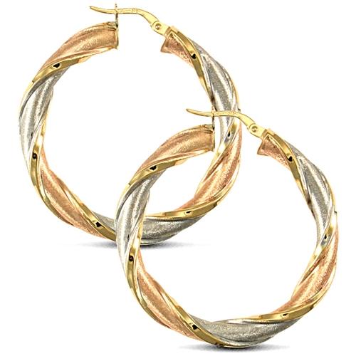 9ct 3 Tone Gold 5mm Frosted Twisted Hoop Earrings 38mm - My Jewel World