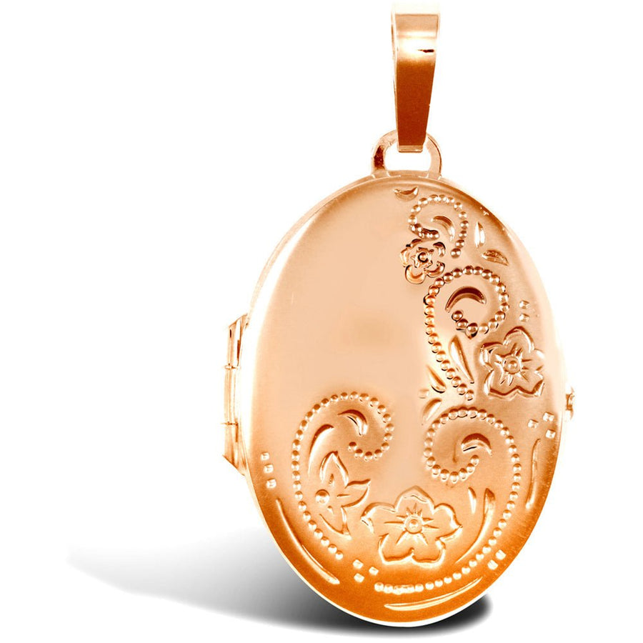 9ct Rose Gold 2 Picture Oval Shaped Engraved Locket Pendant Necklace - My Jewel World