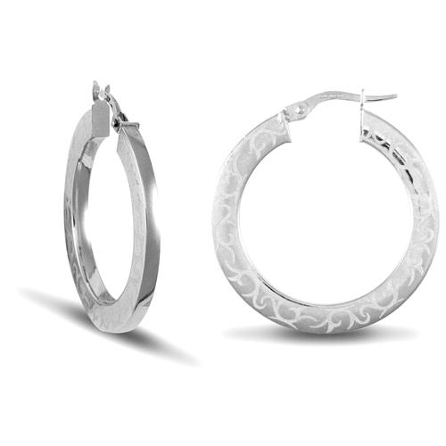 9ct White Gold 2.5mm Frosted Barb Wire Pattern Hoop Earrings 28mm - My Jewel World