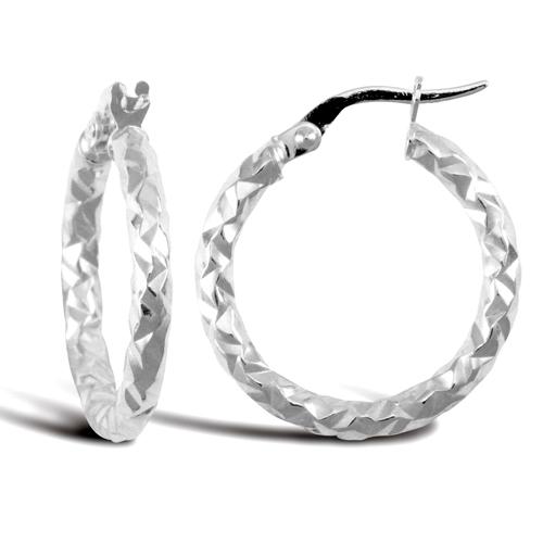 9ct White Gold 2.5mm Hammered Faceted Hoop Earrings 20mm - My Jewel World