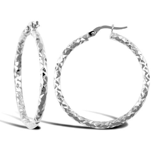 9ct White Gold 2.5mm Hammered Faceted Hoop Earrings 34mm - My Jewel World