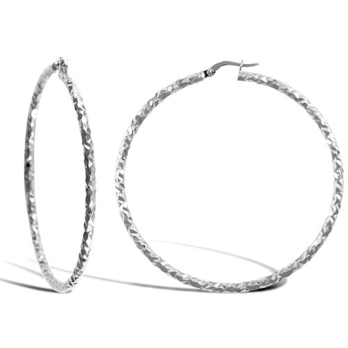 9ct White Gold 2.5mm Hammered Faceted Hoop Earrings 54mm - My Jewel World