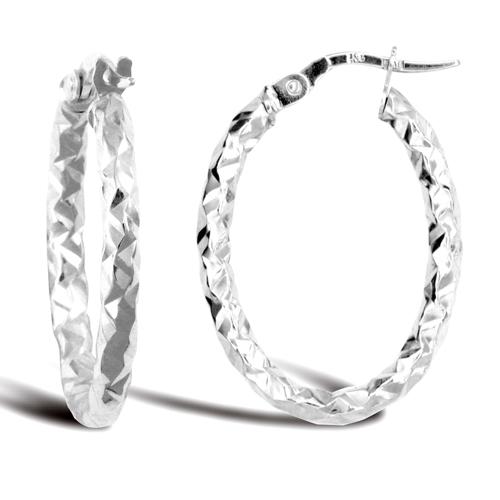 9ct White Gold 2.5mm Oval Shaped Hammered Faceted Hoop Earrings 1.3g - My Jewel World