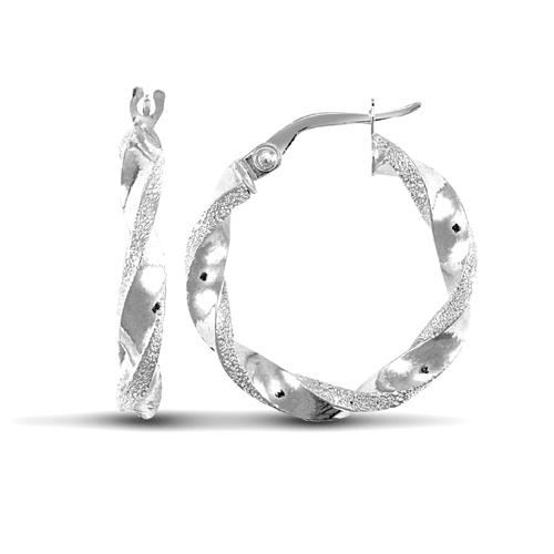 9ct White Gold 3mm Frosted Twist Hoop Earrings 22mm - My Jewel World