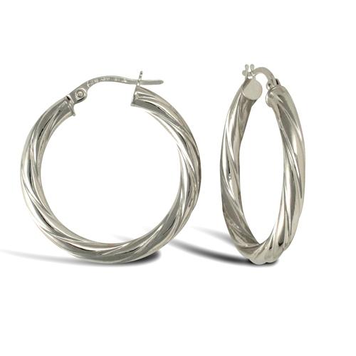 9ct White Gold 3mm Twisted Hoop Earrings 25mm - My Jewel World