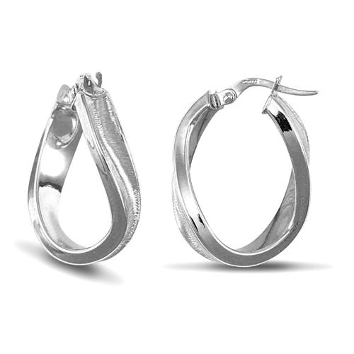 9ct White Gold 4mm Frosted Twisted Oval Hoop Earrings 19x24mm - My Jewel World