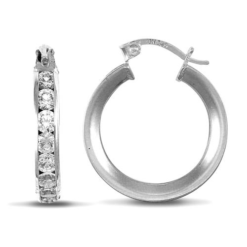 9ct White Gold Channel Set Round CZ 4mm Hoop Earrings 17mm - My Jewel World
