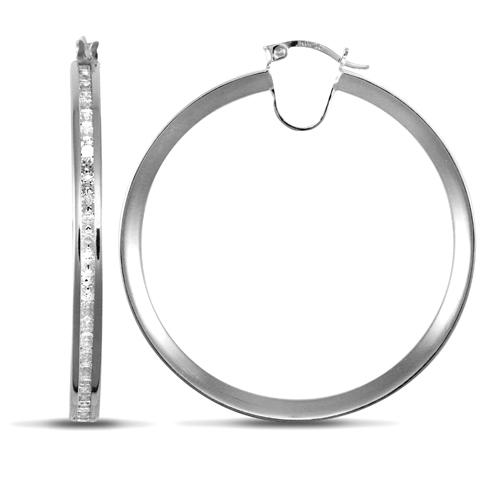 9ct White Gold Channel Set Round CZ 4mm Hoop Earrings 47mm - My Jewel World