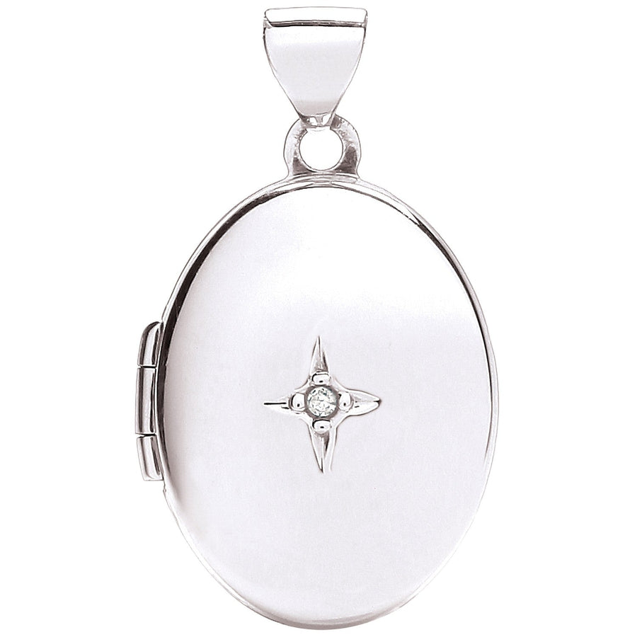 9ct White Gold Diamond Set Oval Shaped Locket Pendant Necklace - My Jewel World