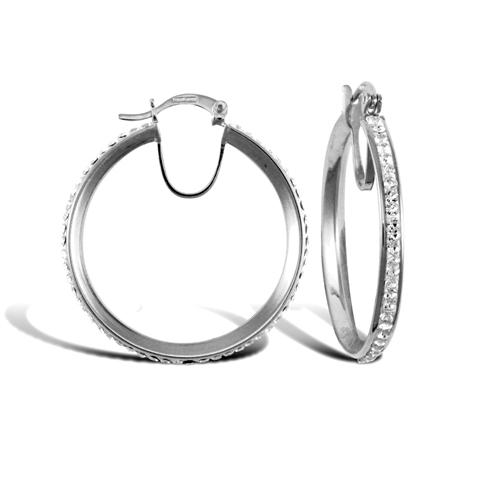 9ct White Gold Round Cubic Zirconia 3mm Hoop Earrings 31mm - My Jewel World