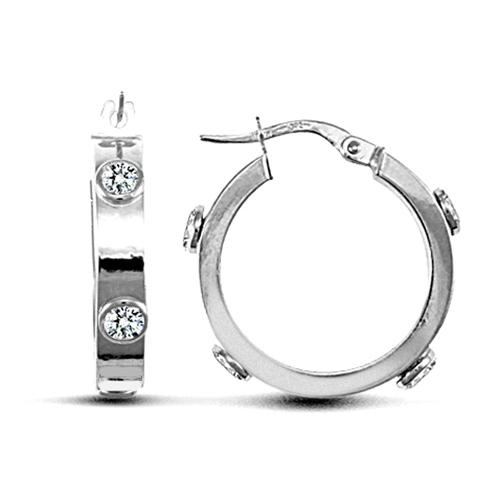 9ct White Gold Rub-Over Round CZ 4mm Hoop Earrings 20mm - My Jewel World