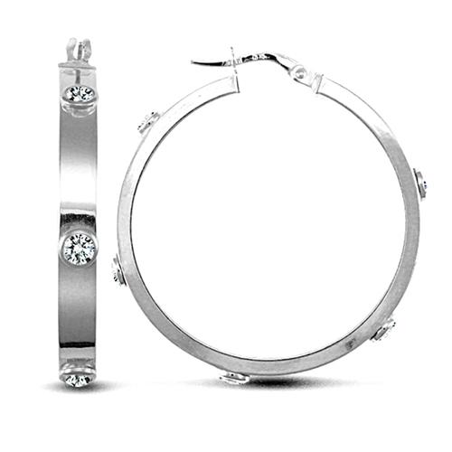 9ct White Gold Rub-Over Round CZ 4mm Hoop Earrings 32mm - My Jewel World