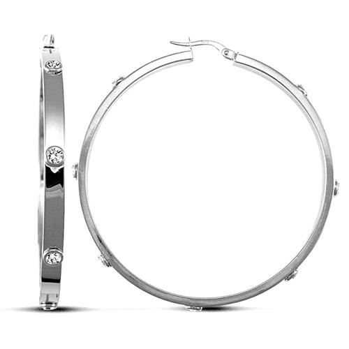 9ct White Gold Rub-Over Round CZ 4mm Hoop Earrings 53mm - My Jewel World