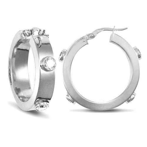 9ct White Gold Rub-Over Round CZ 6mm Hoop Earrings 26mm - My Jewel World