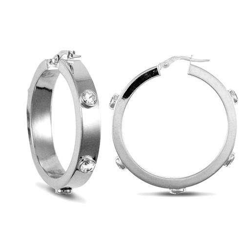 9ct White Gold Rub-Over Round CZ 6mm Hoop Earrings 34mm - My Jewel World
