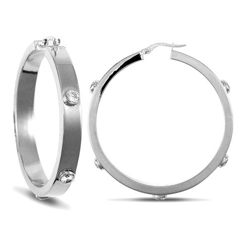 9ct White Gold Rub-Over Round CZ 6mm Hoop Earrings 46mm - My Jewel World