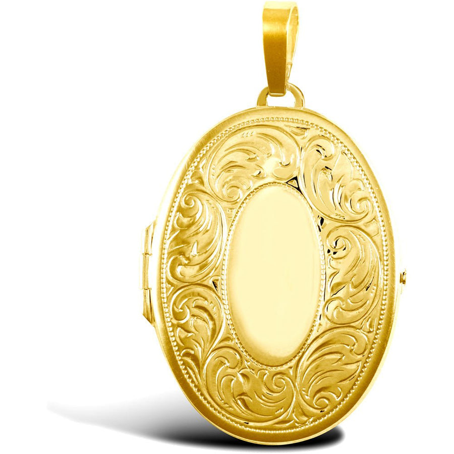 9ct Yellow Gold 2 Picture Oval Shaped Engraved Locket Pendant Necklace - My Jewel World