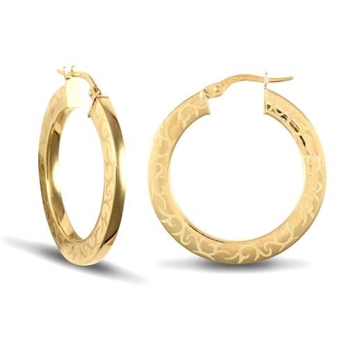 9ct Yellow Gold 2.5mm Frosted Barb Wire Pattern Hoop Earrings 28mm - My Jewel World